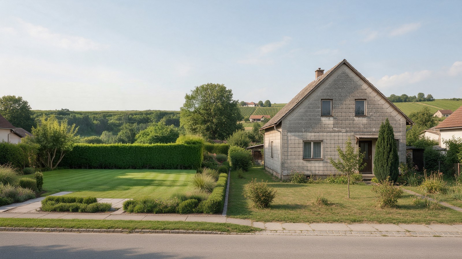 Symbolbild: das ältere Haus des Nachbarn, schon verkauft, daneben ein Grundstück, auf dem ein moderner Neubau entsteht