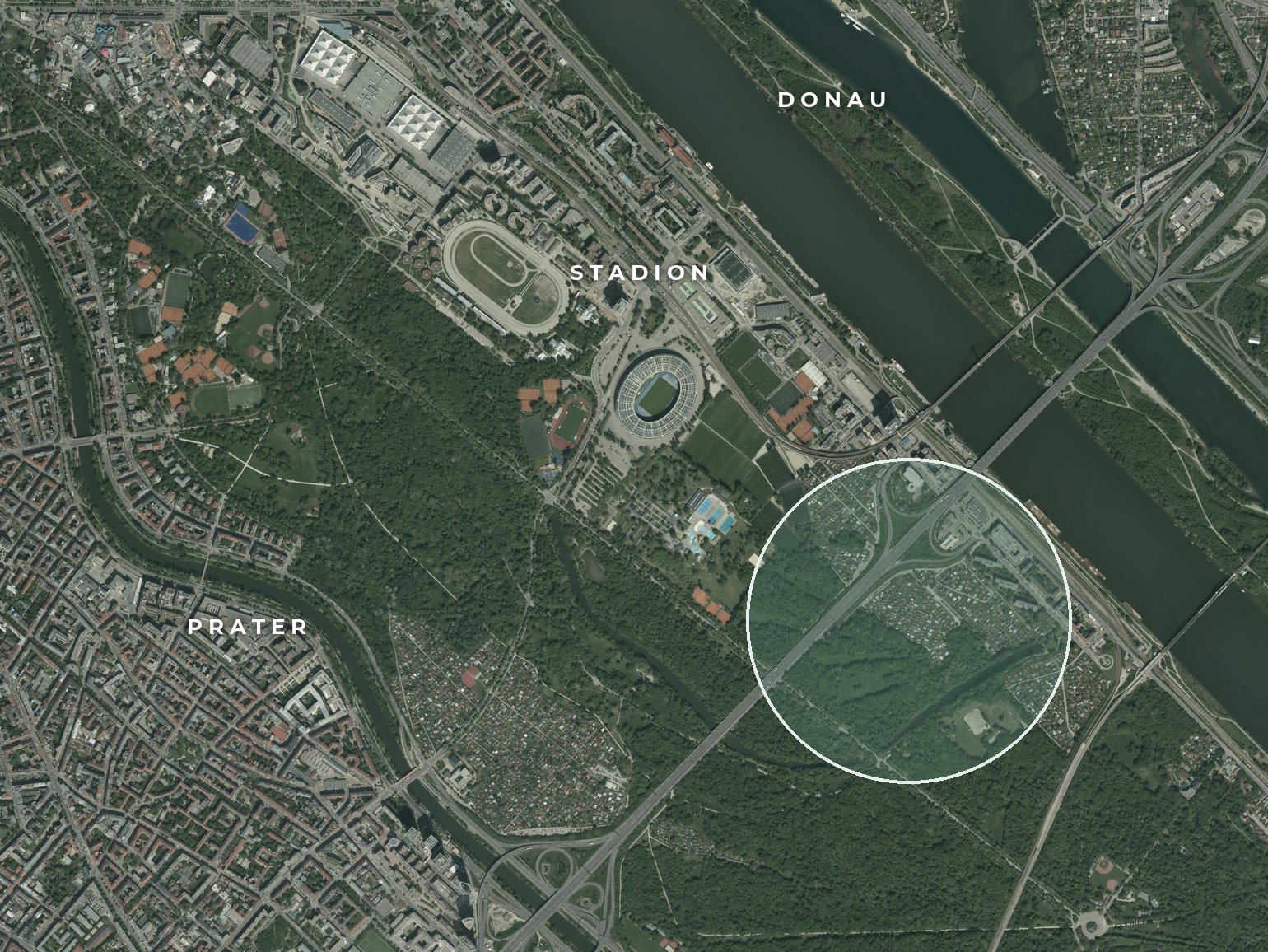 Luftbild: ungefähre Lage nahe dem Prater, zwischen Stadion und Donau